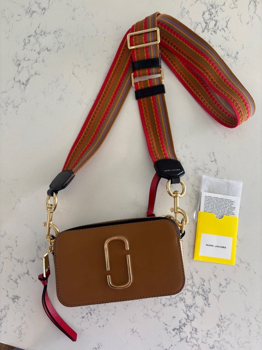 Marc Jacobs Brown Leather Crossbody with Striped Multicolor Strap NWT